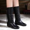 Women's Plush Autumn And Winter New Round Head Leather Square Heel Vintage Pull Wedge Chain Mid Wedge Boots for Women Wide Calf