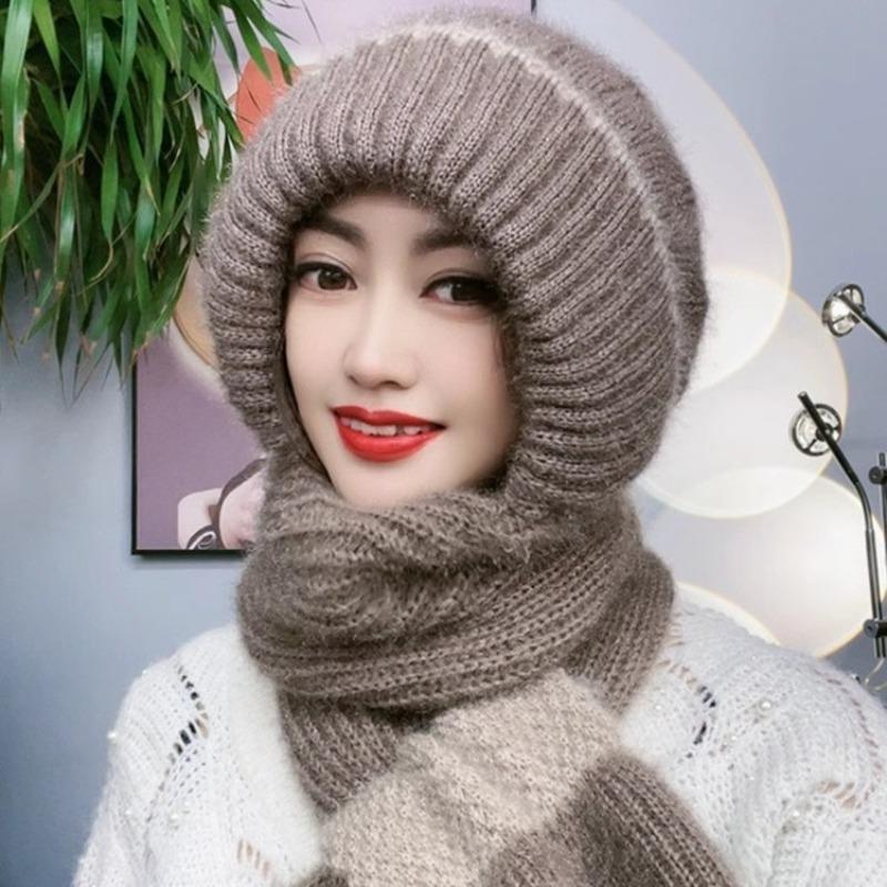 Fleece knitted snow hat winter warm neck protection ear protection headgear hat scarf integrated hat women