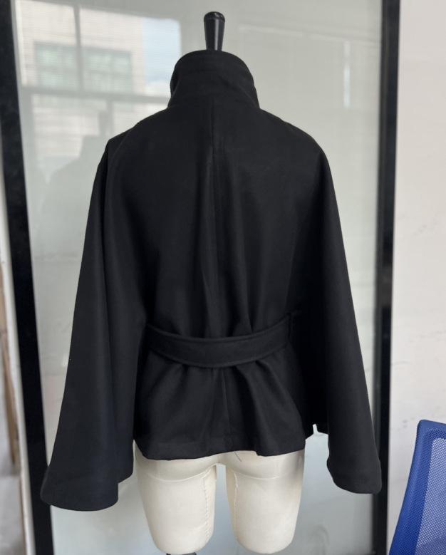 2025 Fall Women's Elegant Stand-up Collar Bell Sleeve Waist-Tie Short Wool Coat