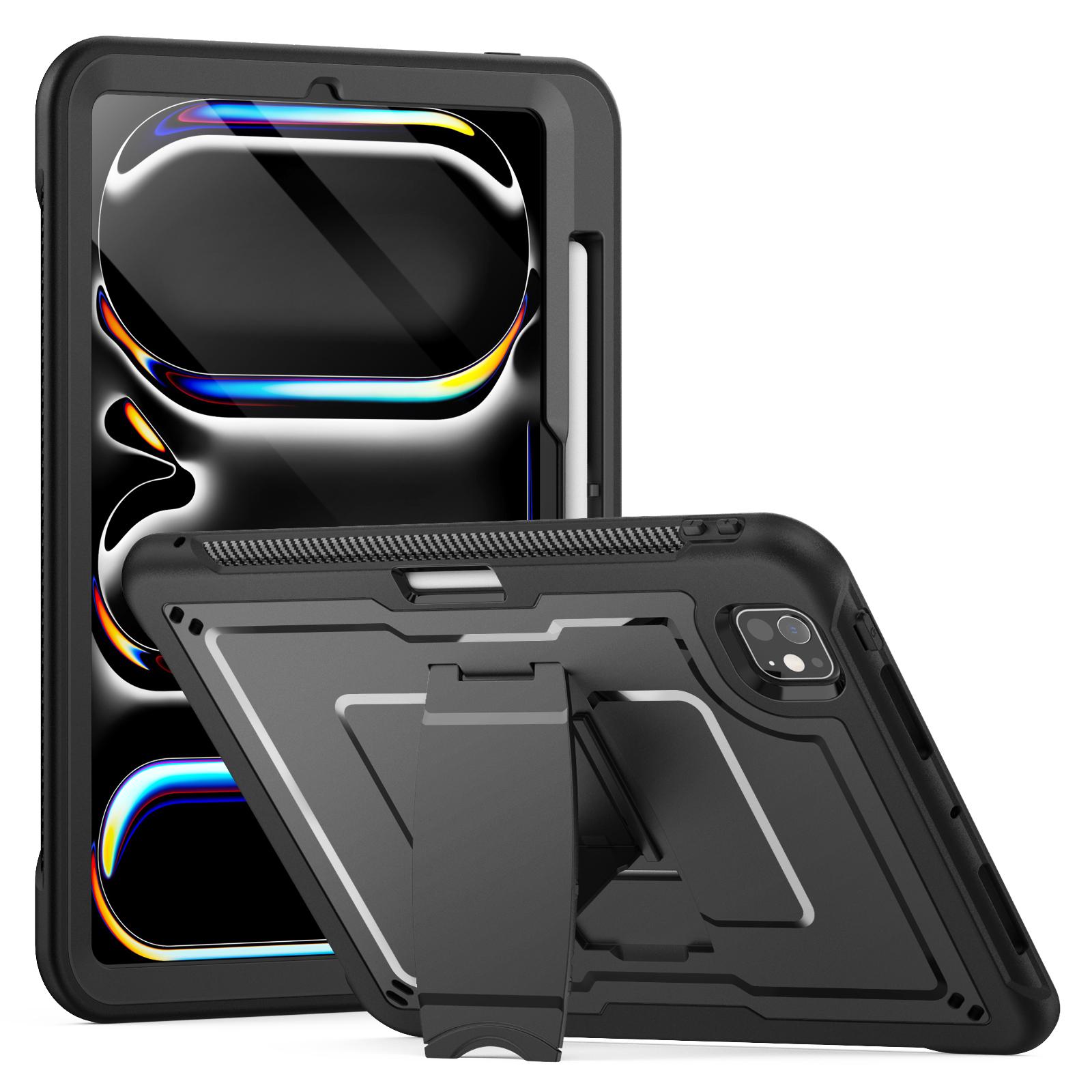 

For iPad Pro 11 (2024) M4 A2836 Case PC+TPE Tablet Cover with Hidden Zinc Alloy Kickstand Black
