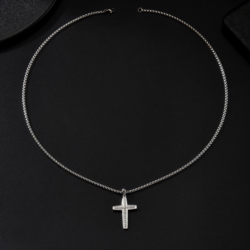 European American Trendy Retro Cross Necklace Made Of Antique Titanium Steel Cuban Chain Pendant Unisex Hip-hop Neck Accessory Men Women