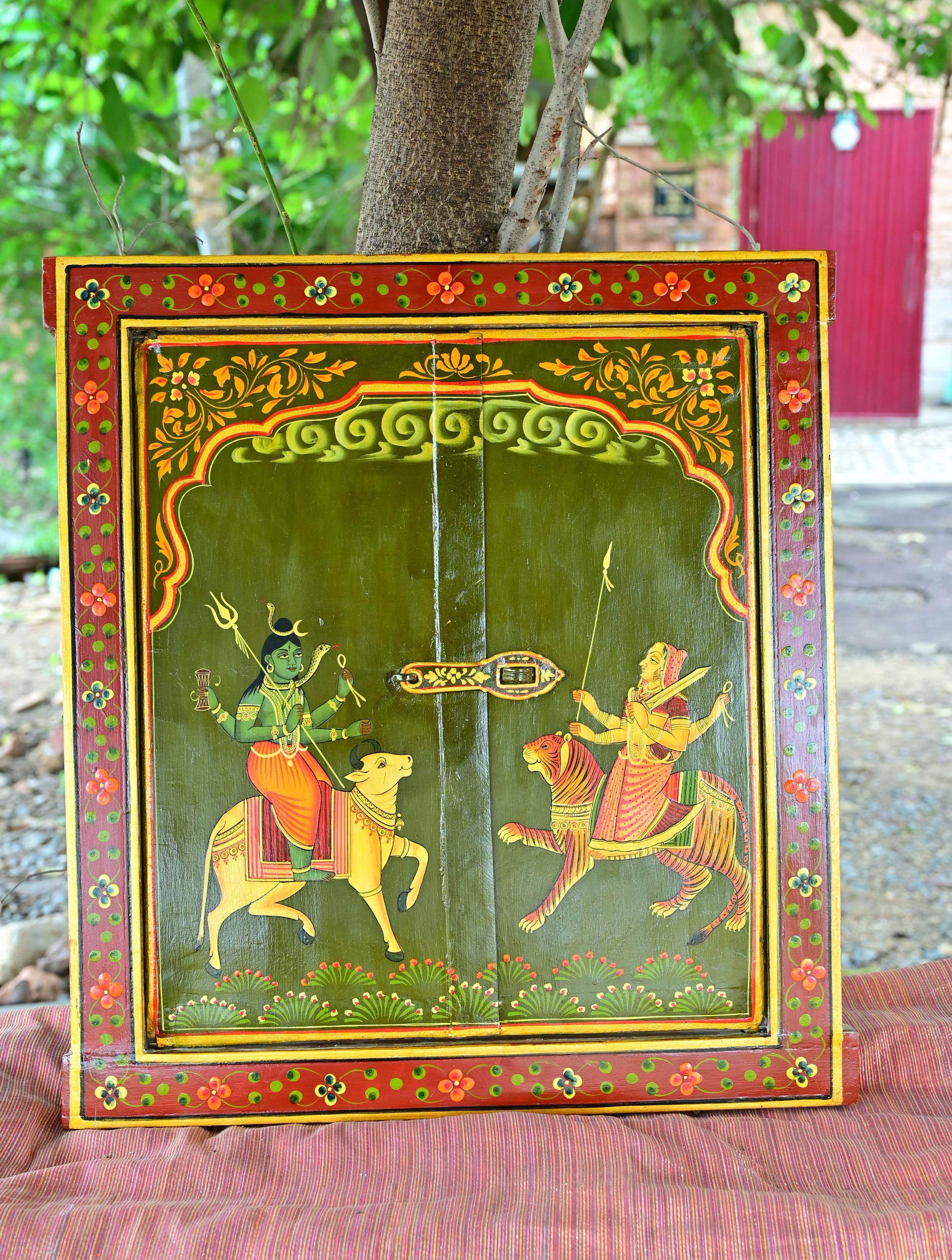 Hand-Painted Durga & Shiva Jharokha: Antique Rajasthani Window Frame разноцветный