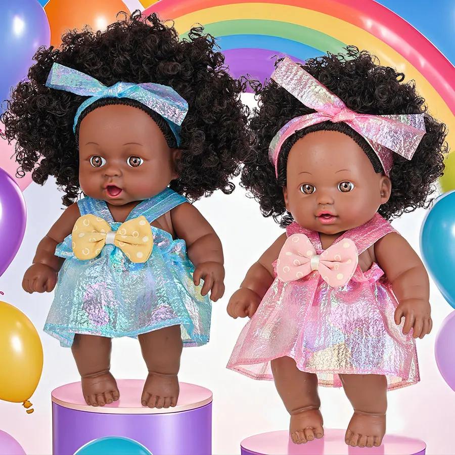 8 Inch Black Reborn Doll with Dress Curly Hair 20cm Realistic Baby Doll Simulation Toys Full Vinyl Body for Girls Birthday Gift