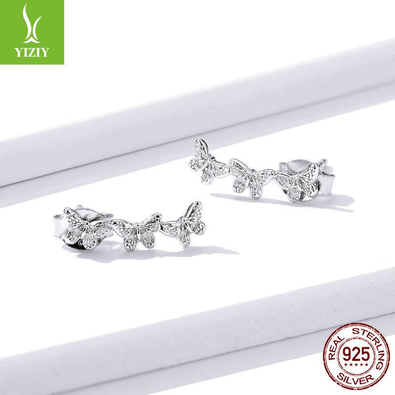 S925 Sterling Silver Platinum Plated Butterfly Splicing Stud Earrings, Simple Temperament Sterling Silver Stud Earrings
