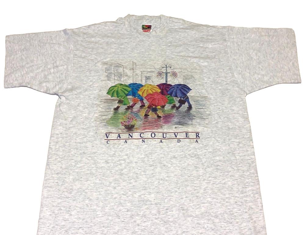 Rare Vintage Vancouver Canada Rainy Day Umbrellas T-Shirt New! MED Single Stitch Unisex T-Shirt XXXL