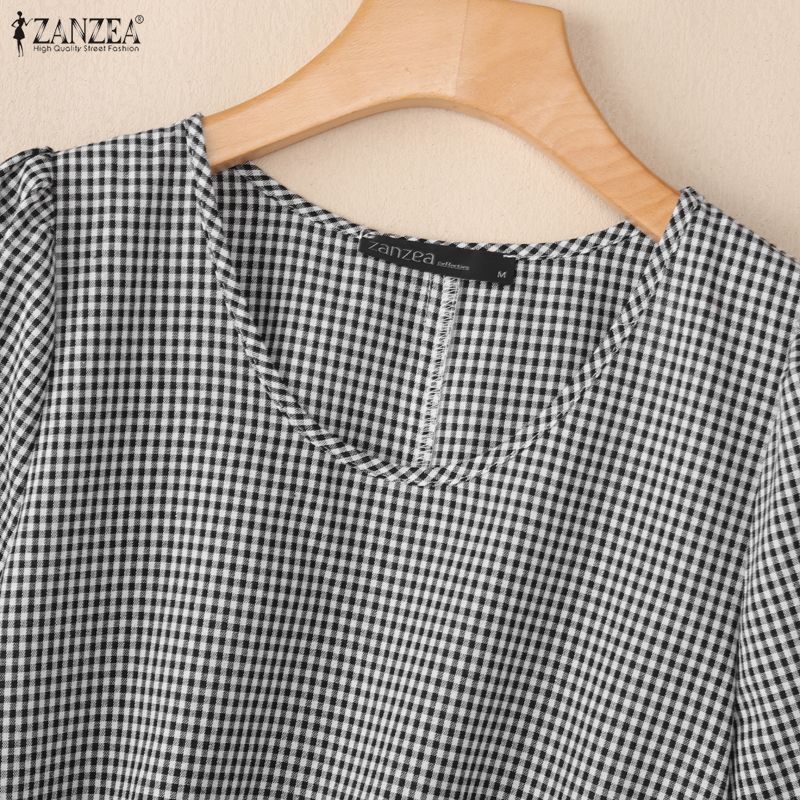ZANZEA Blusa da Donna Casual Girocollo Stampa a Quadri Manica Corta Larga