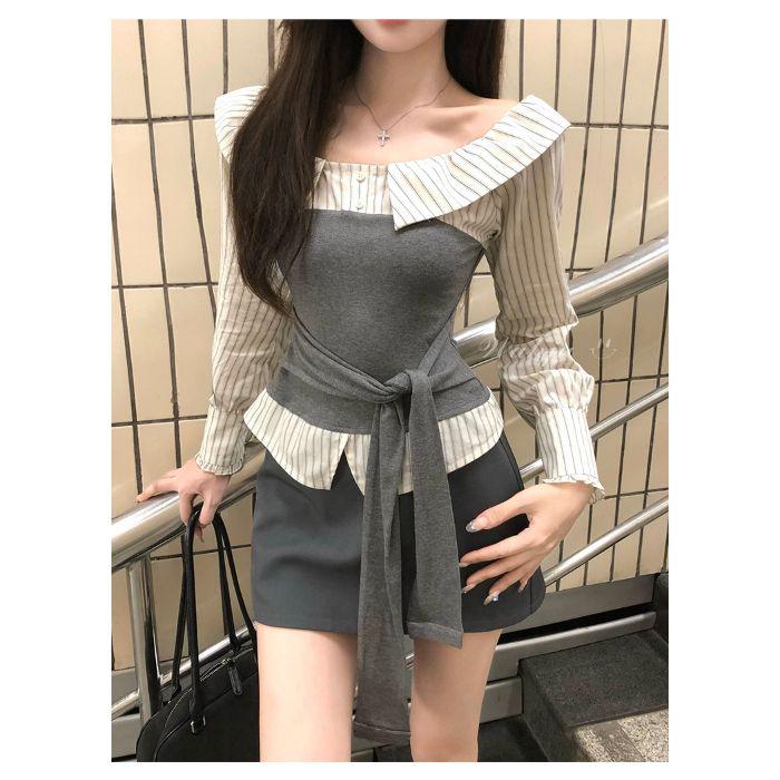 Korean Stripe Color Block Patchwork One-Shoulder Waist-Cinched Slimming Top for Women