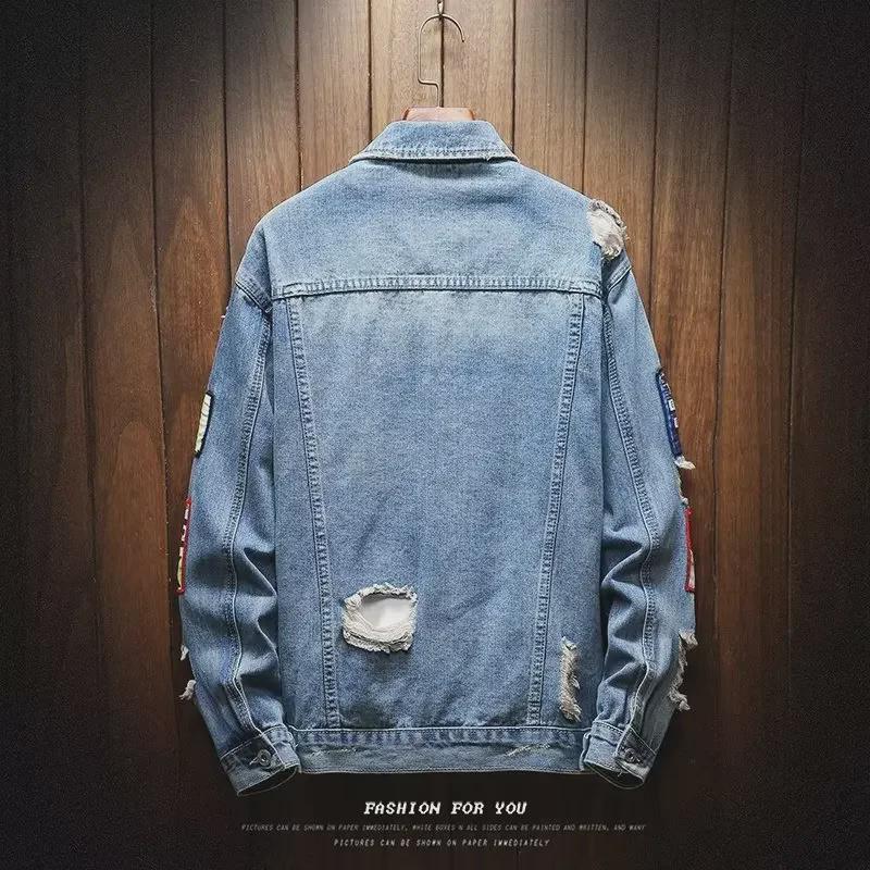 Pánská trendy evropská streetwearová volná džínová bunda s distressed designem na jaro a podzim