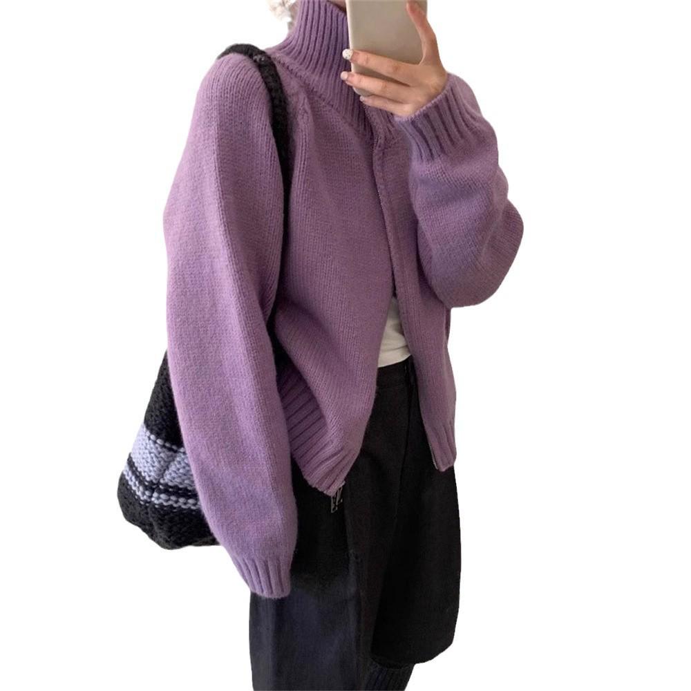 Women's Autumn Lapel Knit Cardigan - Plain Color, Double Zipper, Stand Collar, Loose Fit, Thick Sweater Coat.
