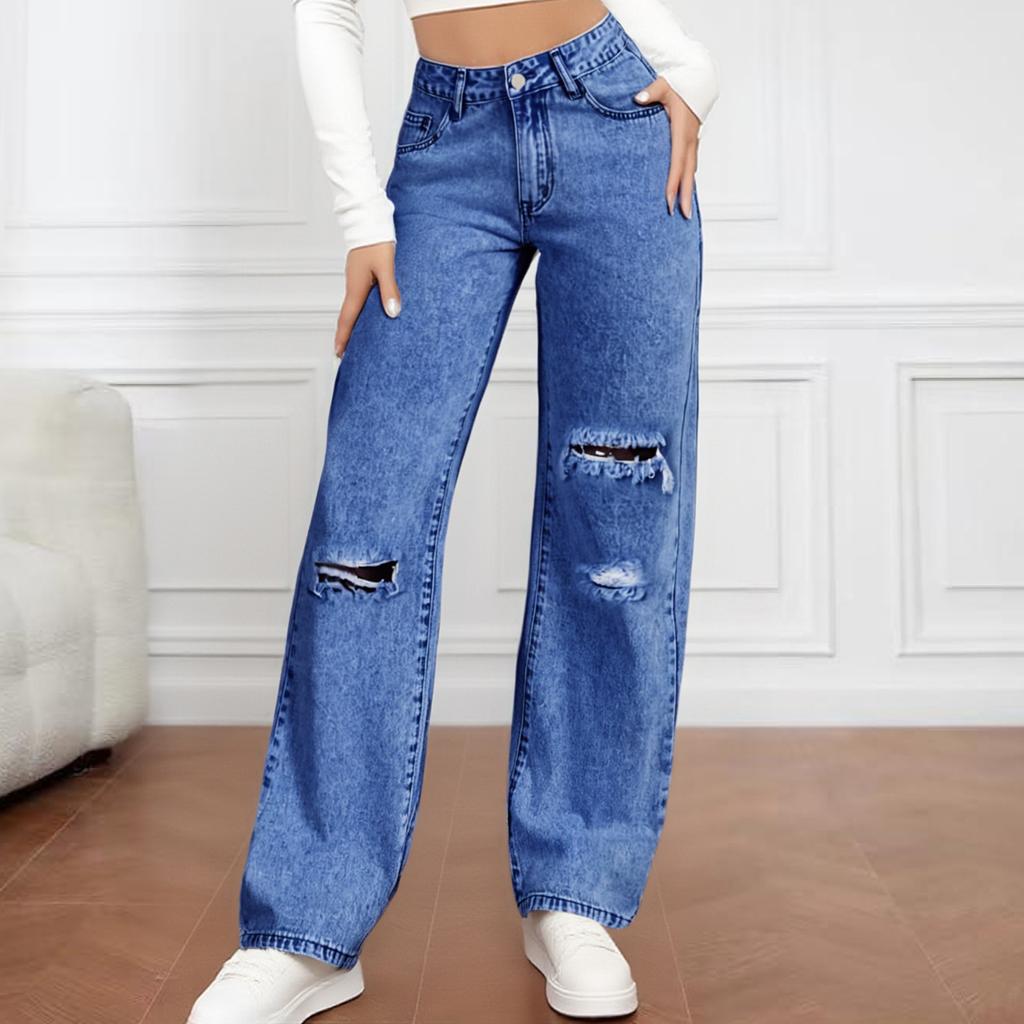 Women's Mid- Stretch Jeans Fashion Straight Leg Denim Pants With Pockets