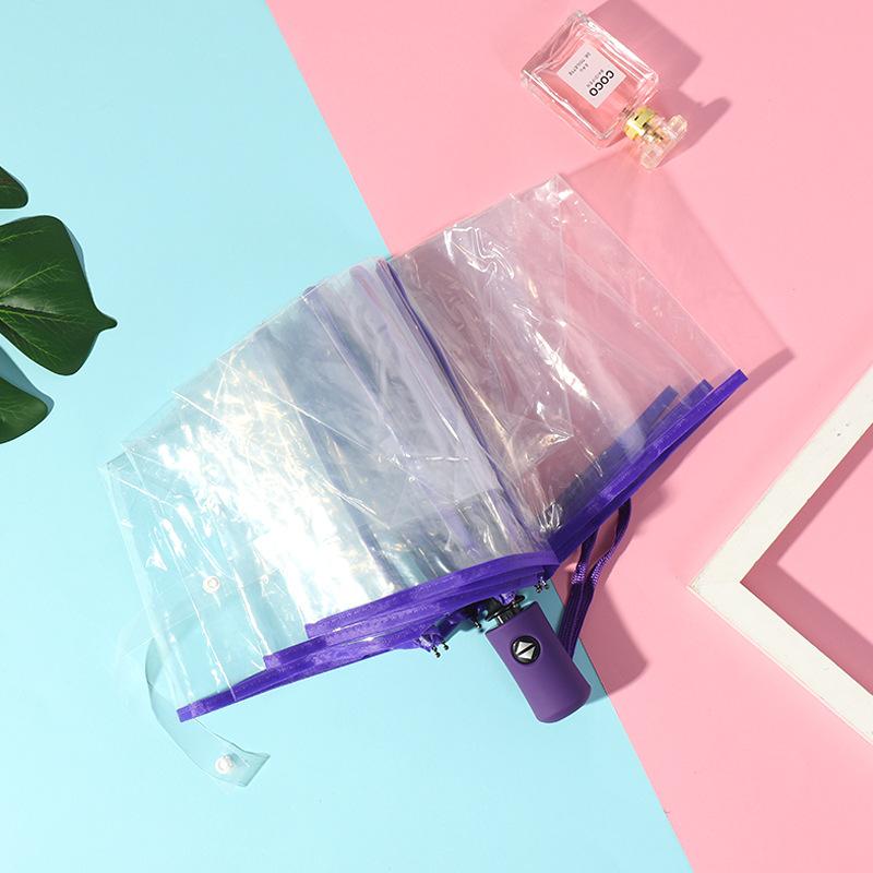 Automatic Folding Umbrella - Compact 3-Fold Clear PVC Canopy with Colorful Handle