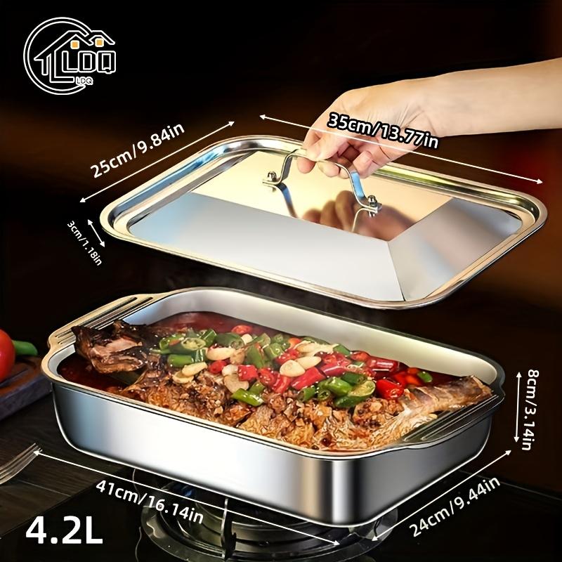 Stainless Steel Roasting Pan with Lid - Non-stick Thickened Rectangular Oven Tray Perfect for Barbecues, Buffets, Grilled Fish and Festivals