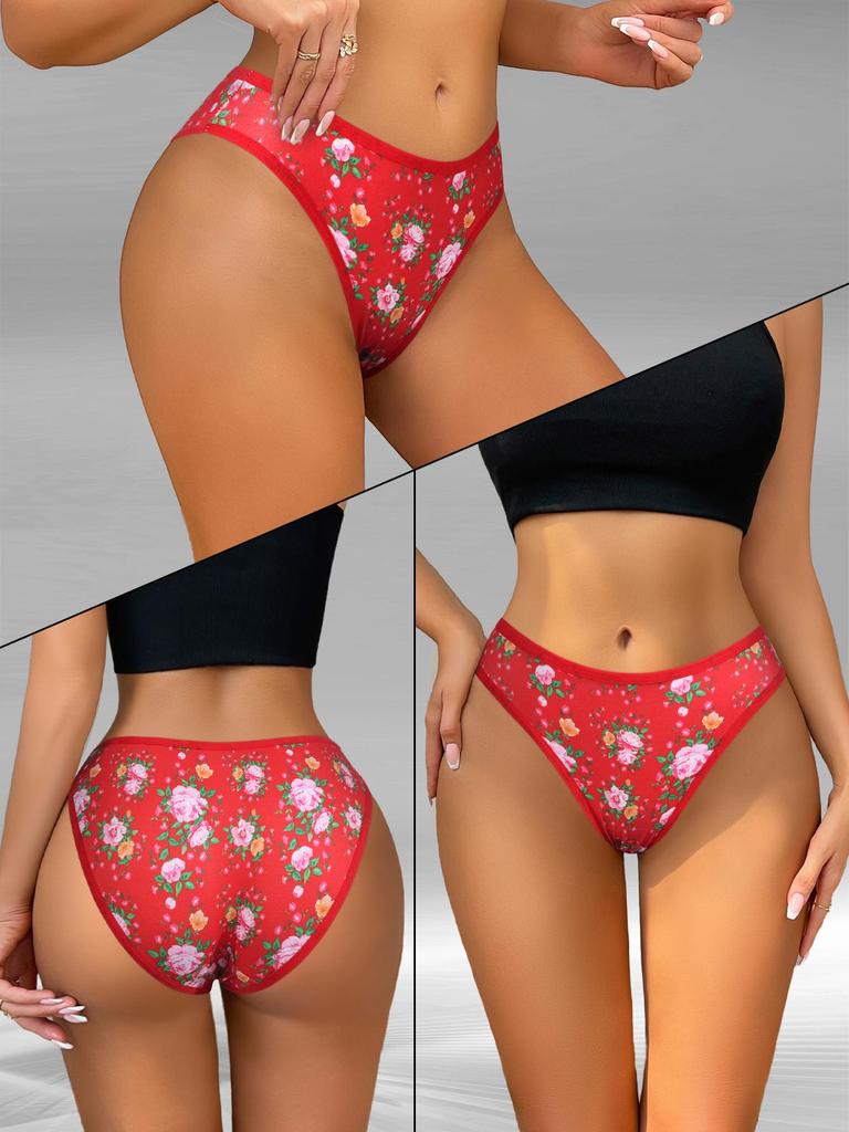 5Pcs/Set Women Cotton Panties Floral Red Underwear Low Waist Briefs Girls Panty Sexy Ladies Underpants Soft Female Lingerie S-L