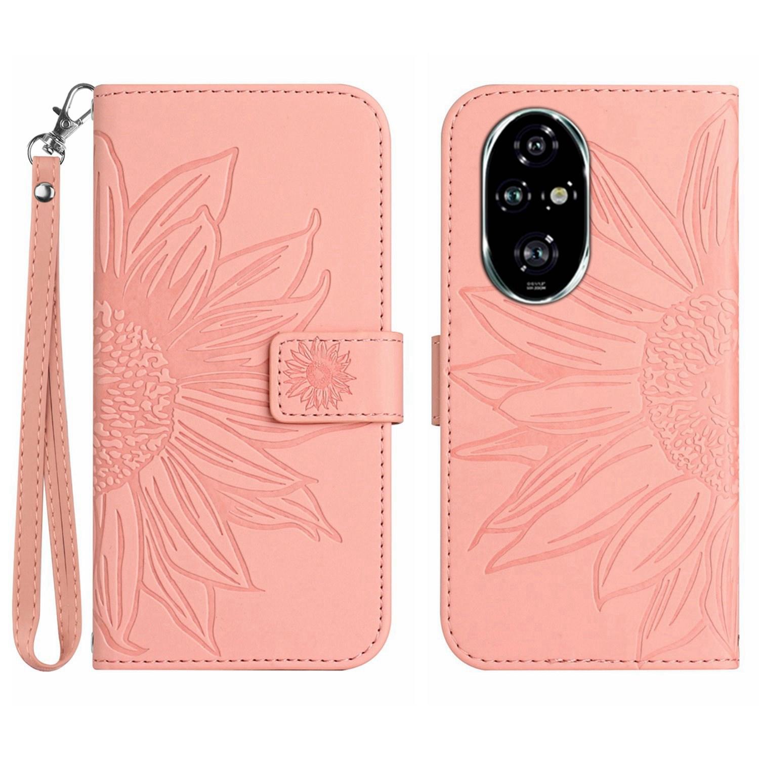 

HT04 For Honor 200 Pro 5G Case Sunflower Leather Phone Cover with Hand Strap Light Pink