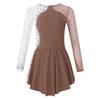 Girls Shiny Rhinestone Dress Long Sleeve Patchwork Contrast Color Skating Dance Performance Costume