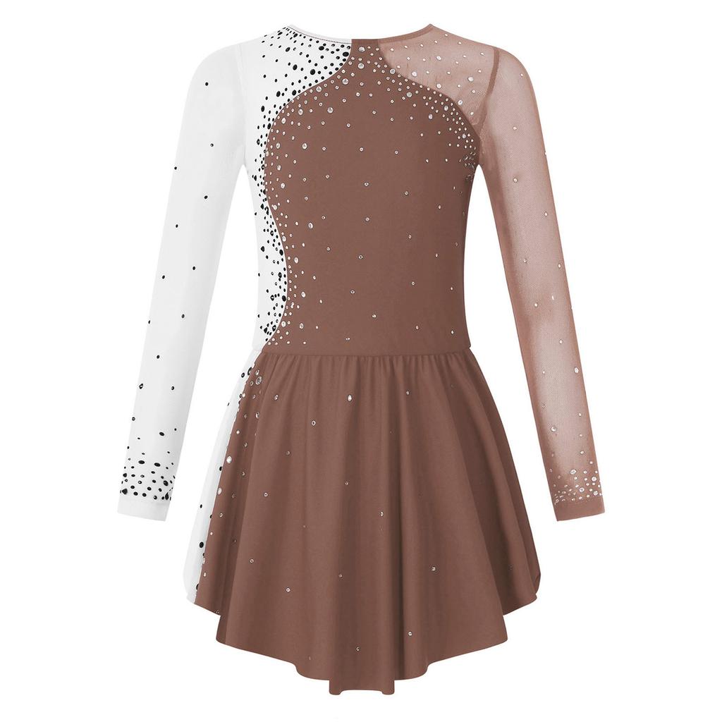 Girls Shiny Rhinestone Dress Long Sleeve Patchwork Contrast Color Skating Dance Performance Costume