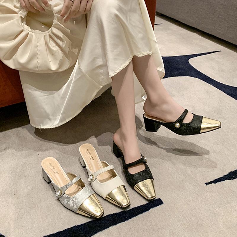 French pearl baotou half slippers women's summer wear spring 2025 new thick high-heeled versatile Muller cool slippers