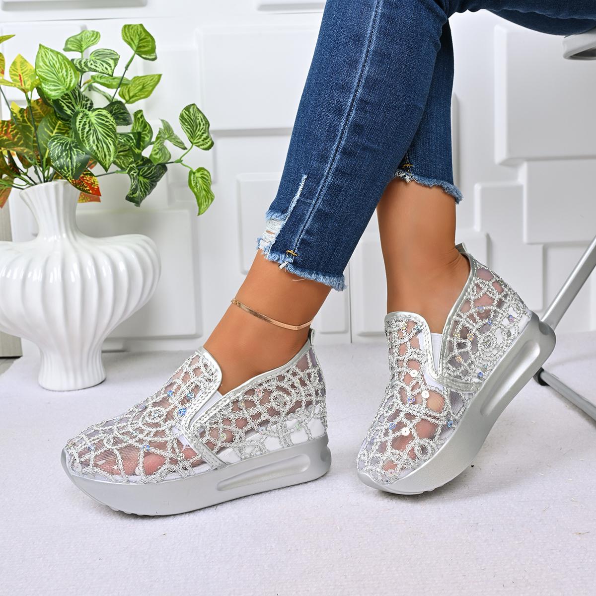 

Модные туфли на платформе и танкетке, женские сандалии 2025, новая повседневная удобная обувь на каблуке, женские кроссовки из сетки с цветочной вышивкой, женская обувь Zapatos De Mujer 36 серебряный