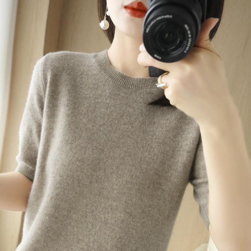 Women's Wool Blend Half High Neck Short Sleeve Loose Base Sweater Top