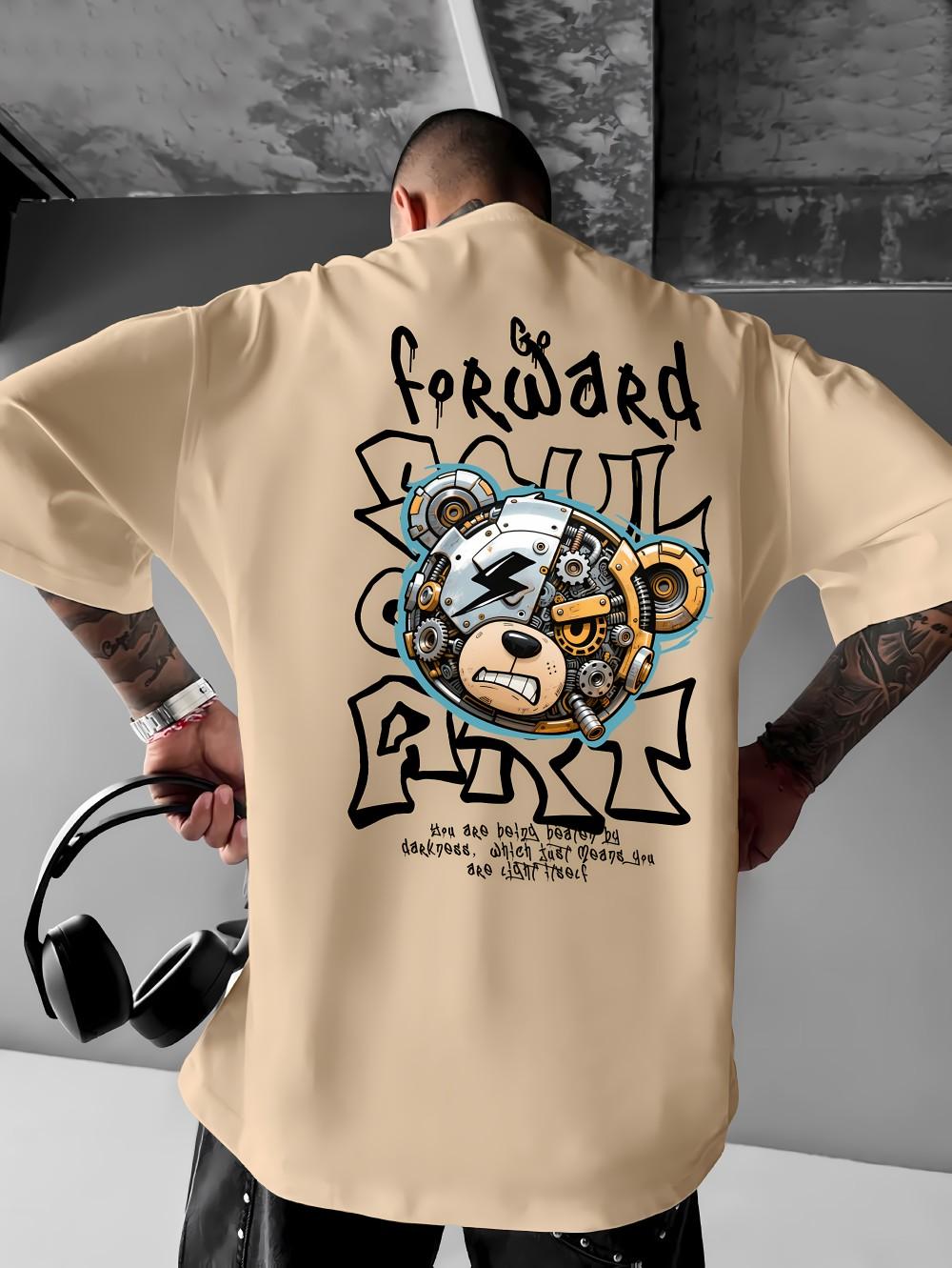 

European and American Mens Summer Mechanical Bear Print Comfortable Breathable Mens Tshirt Trendy Hiphop Style Urban Fashion 3XL