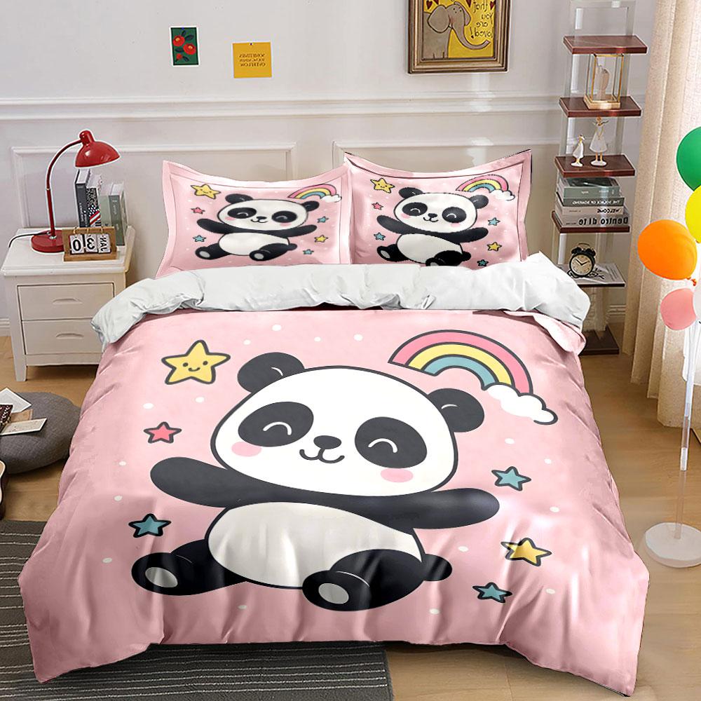 Joli Ensemble de Literie Panda Dessin Animé Étoiles Arc-en-ciel pour Enfants Cadeau de Luxe Ensemble de Couette Imprimé Numérique 3 Pièces Doux Confortable (as the picture,EU Twin 135X200cm&set)