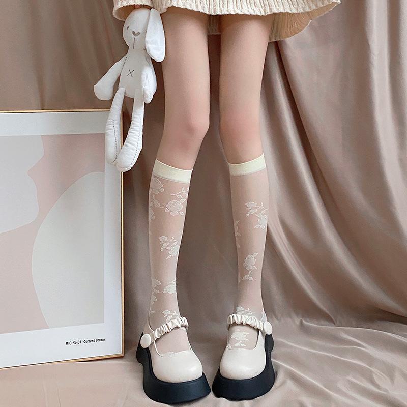 Night Teaching Room Rose Stockings Women'S Spring And Autumn Short Medium Tube White Lace Calf Socks Pure Desire White Silk Tide Socks