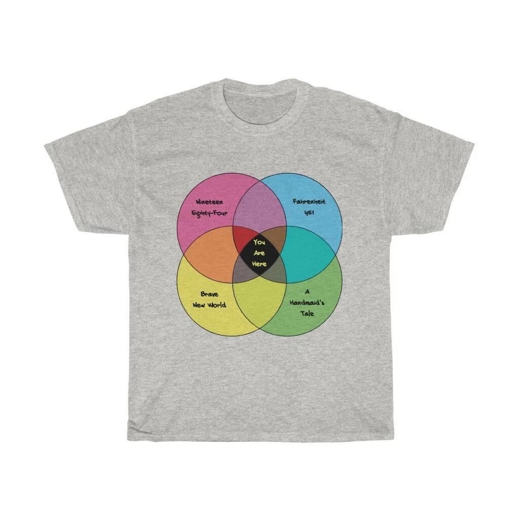 

Dystopian Convergence, Unisex Heavy Cotton T-Shirt, Four Classic Sci-Fi Novels L