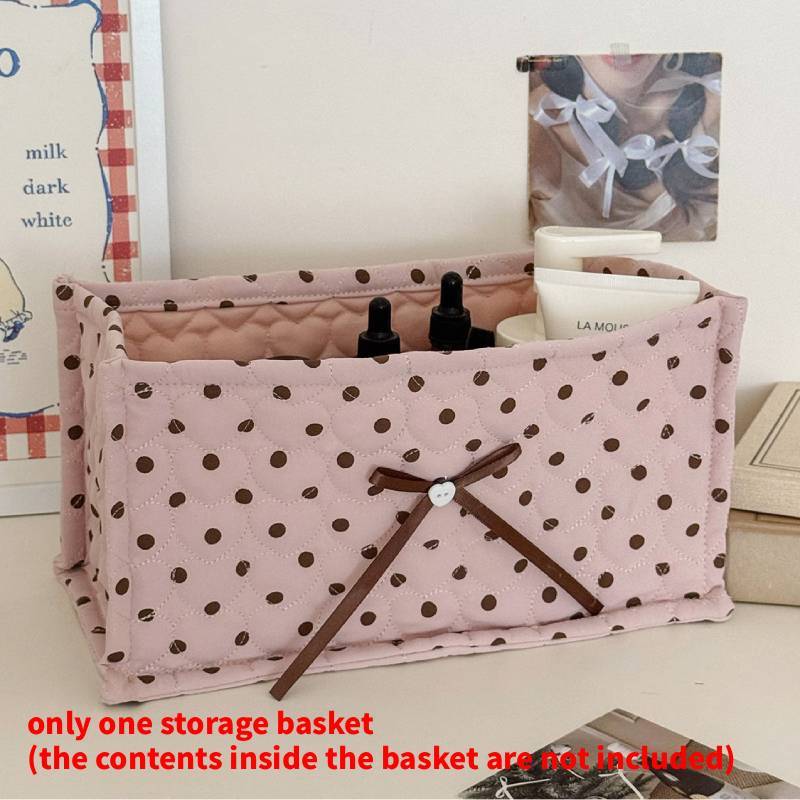 Large Polka Dot Quilted Rectangular Storage Basket With Nylon Material For Home Organization