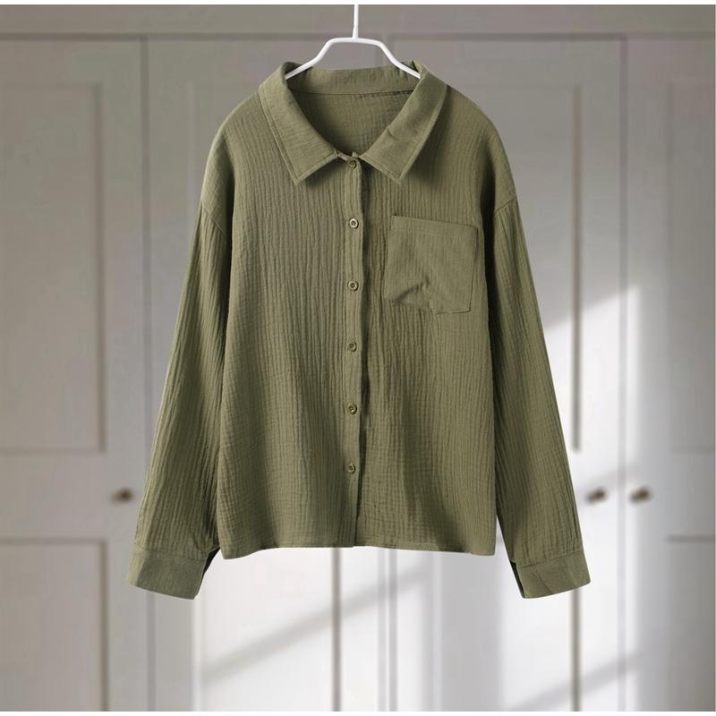 Wrinkled Lace-up Wide Leg Short Pants Set Wrinkled Fabric Woman Solid Long Sleeve Pockets Cotton Shirt Shorts 2-Pieces Sets Casual Loose Outfit