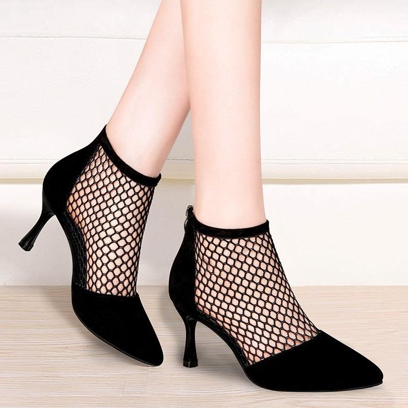 Spring and summer new suede pointed stiletto sexy sandals women's mesh fashion high heels stiletto single shoes
