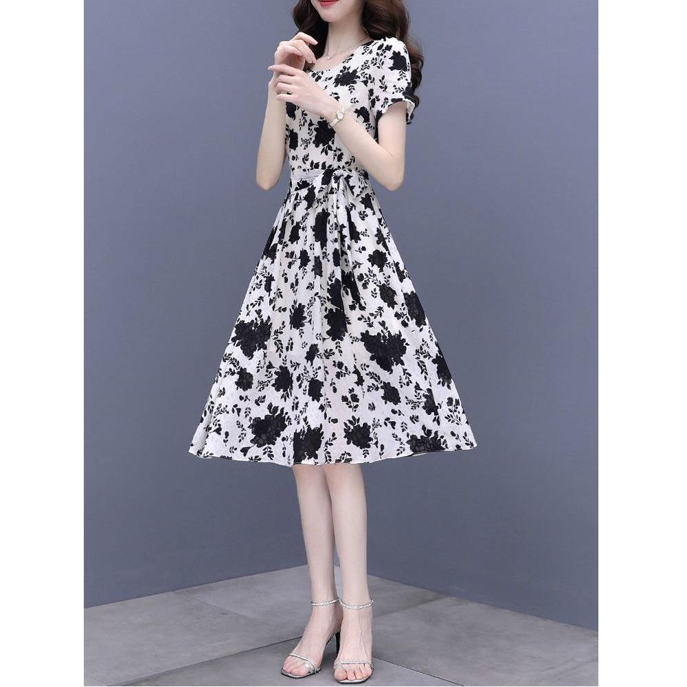 Floral Print High-Waist Short Sleeve Dress for Petite Women