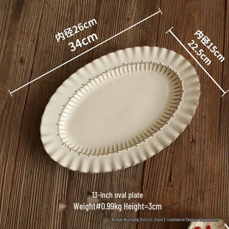 Elegant French Ceramic Tableware Set: Lace Design Plates, Steak & Salad Bowls, Rice & Soup Bowls, Baking Dish for Western Cuisine.