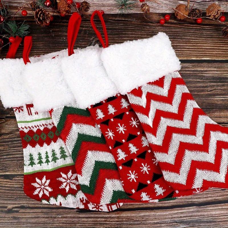 4 Pairs Festive Knitted Christmas Stockings - Decorative Hanging Socks with Holiday Motifs, Snowflakes, Christmas Clothes, Christmas Decor