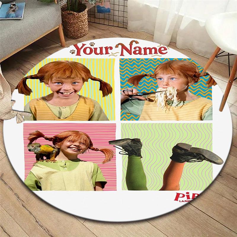 Pippi Longstocking Custom Name Round Area Rug,Carpet Rug for Living Room Bedroom Sofa Playroom Decor,Non-slip Floor Mat