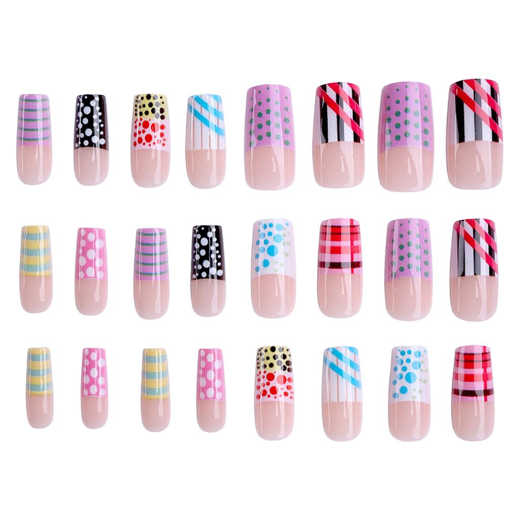 Polka Dot Lines Pink Square False Nails 24 Pieces Fashionable Design For DIY Manicure