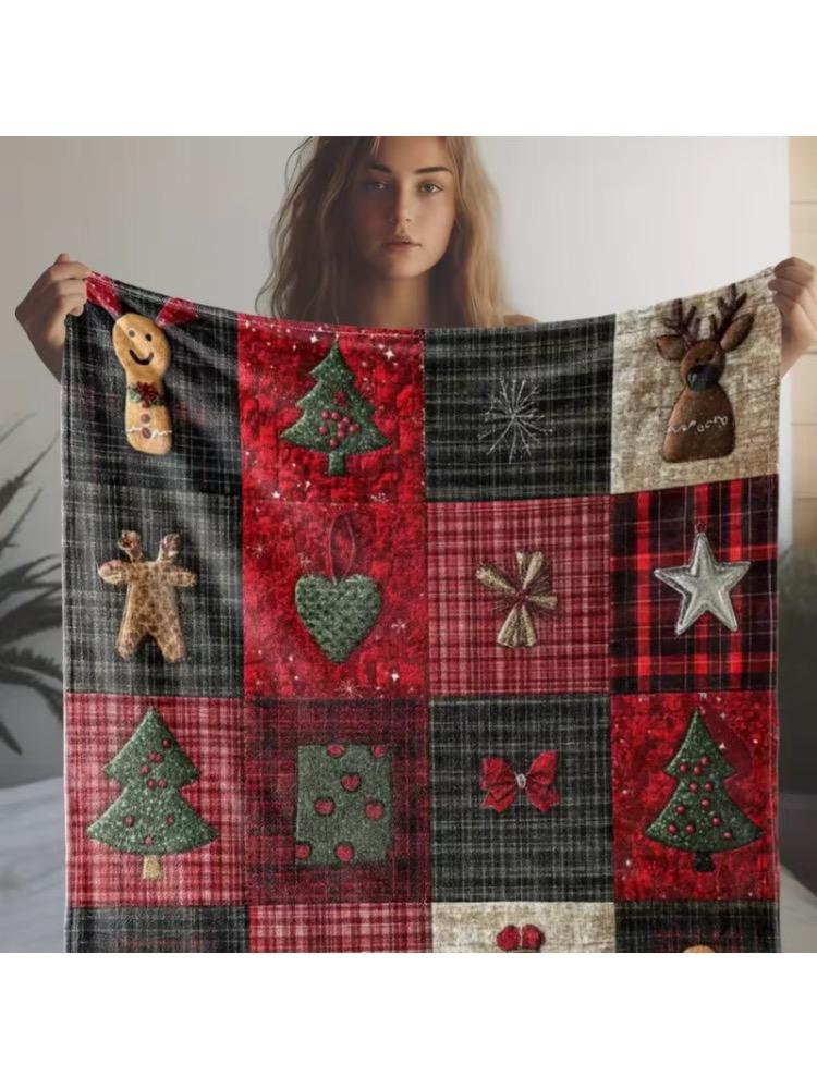 

1pc Rustic Plaid Christmas Star Gingerbread Man Christmas Tree Floral Print Throw Blanket Soft Warm Knitted Polyester Flannel 30x40in