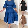 Women Dress Round Neck Puff Sleeve Big Hem Relaxed Fit Single Color Half Sleeve Belted Tight Waist Soft Patchwork Pleated A-line Midi D