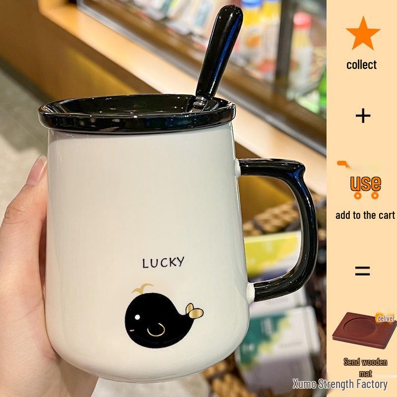 Ceramic Mug with Lid & Spoon - Cute Children's Design, Perfect for Home, Office, or Breakfast Coffee