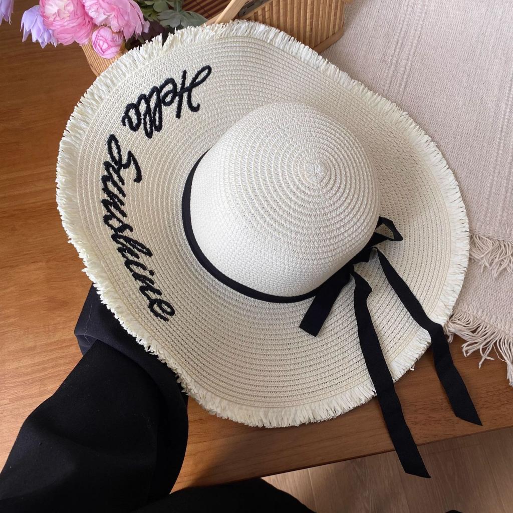 Lace Bow Straw Hat Women's Summer French Large Brim Sunscreen Hat Seaside Beach Vacation Sun Hat