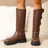 Fashion Fashion Buckle Straps Motorcycle Riding Boots Women Autumn Winter PU Leather Knee High Boots Woman Brown Platform Long Botas