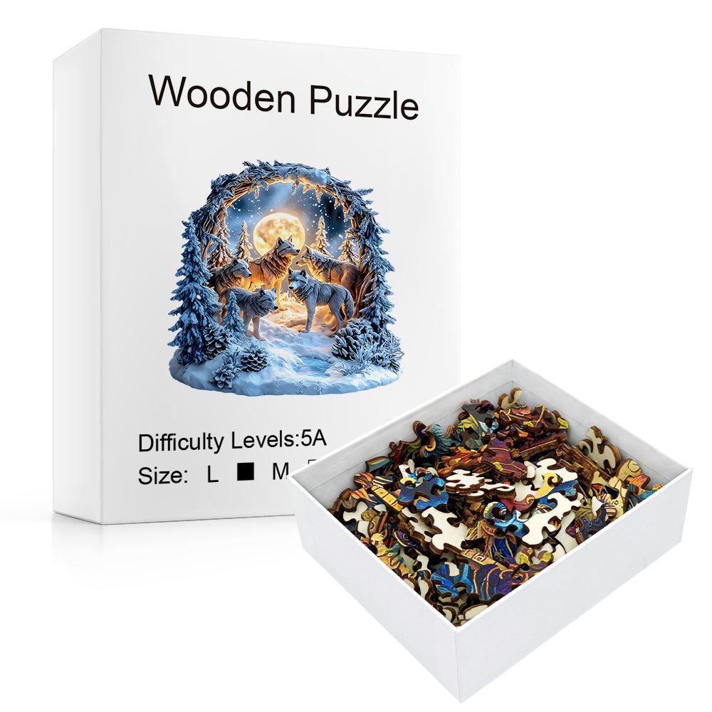 Wolf Wooden Puzzle In The Snow Forest Irregular Small Animal Pieces Flat Wooden Puzzle