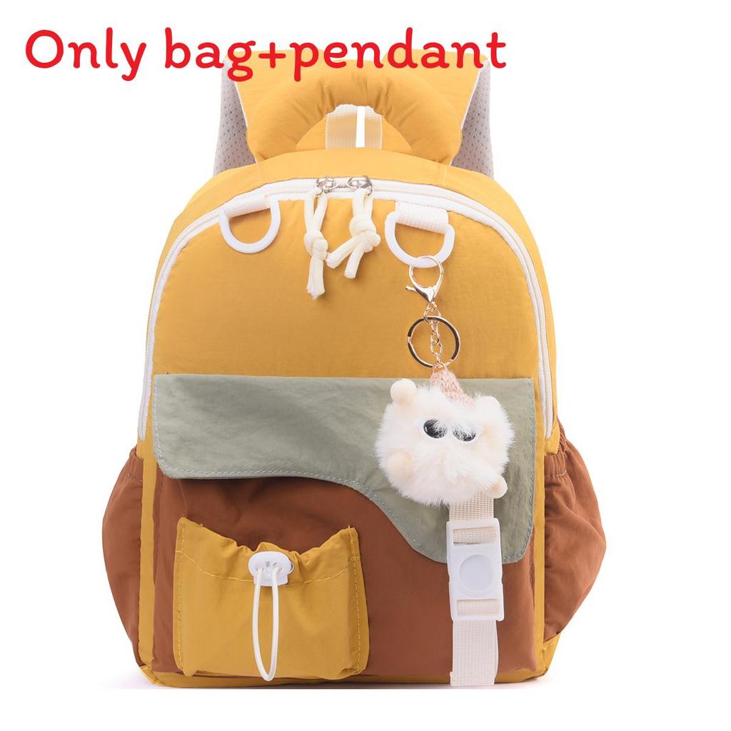 Childrens Blocked Color Backpack With Plush Pendant For School And Outings