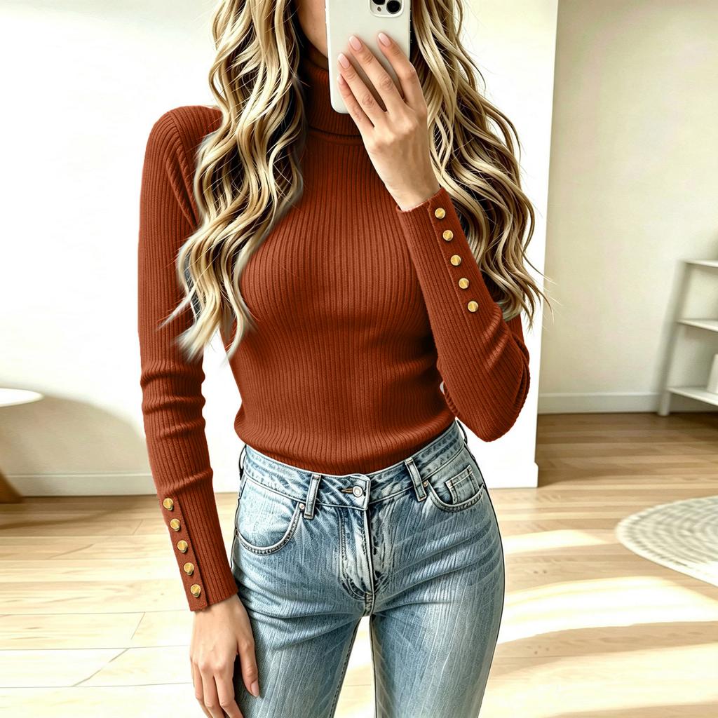 Women's High Neck Pullover Knit Sweater with Decorative Buttons - Casual Winter Fashion Top