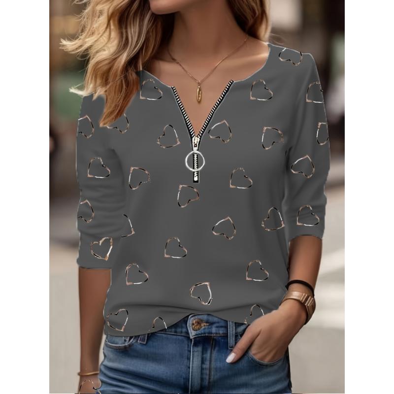 2026 Women's New Casual Heart Print Long Sleeve V-Neck Zipper T-Shirt