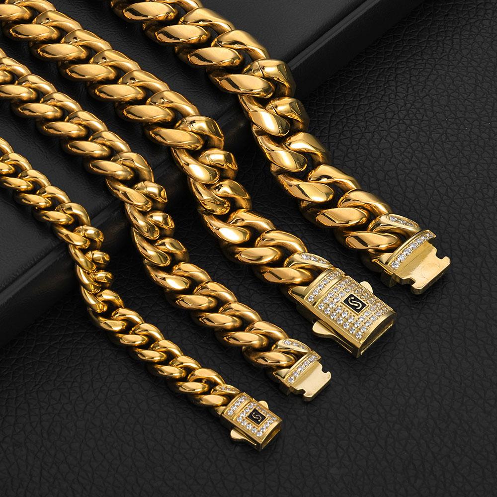 Stal Nierdzewna Łańcuch Kubański 14mm Zdobiony Cyrkoniami Diamentowa Klamra PVD Pozłacany 14K Złotem Bransoletka Monaco