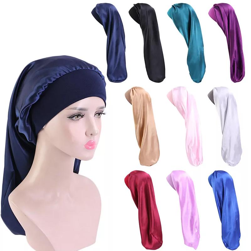 1Pc Women Solid Color Hair Hat Double Sided Silk Satin Bonnet Long Hair Polyester Night Sleep Cap Dreadlocks Braids