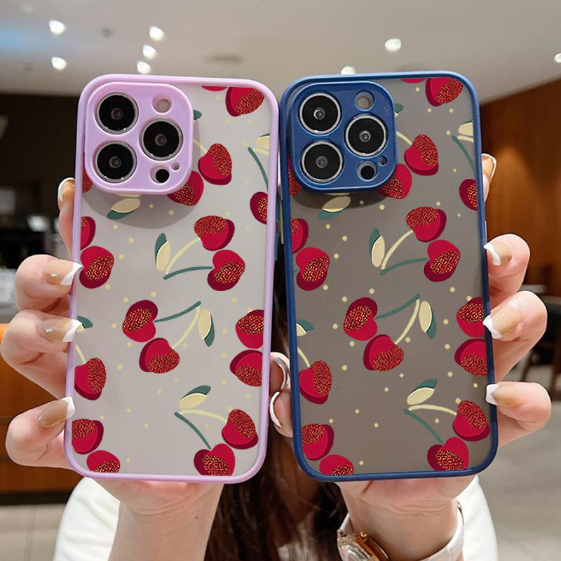 Simple Cherry Pattern Clear Matte Phone Case For iPhone 16 Pro Max 15 Pro 14 13 12 11 Soft Edge Shockproof Lens Protection Slim Phone Cover