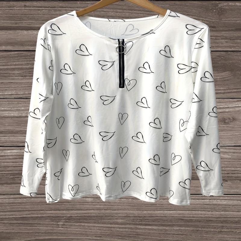 Plus Size Women's Elegant Valentine's Day Long Sleeve Zip Tee with Heart Graphic Ideal for Casual Wear in Spring and Fall