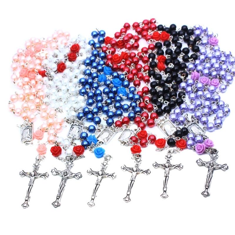 Elegant Cross Bead Necklace Rose Flower Glass Rosary Necklace Religious Jewelry Christian Prayer Beads Clavicle Chain