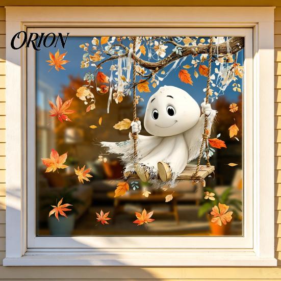 Cute Ghost Pumpkin Decals Autumn Ghost/Gnome Static Glass Sticker, PVC Waterproof Maple Leaves Window Stickers Decal, Removable Cling for Fall Harvest